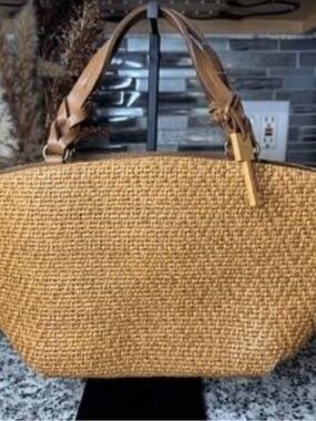 Fossil Tan Woven Shoulder Bag with Leather Handles wooden key charm
